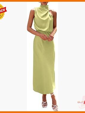 Satin Maxi Dress Sleeveless Mock Neck Cocktail Party Formal Summer